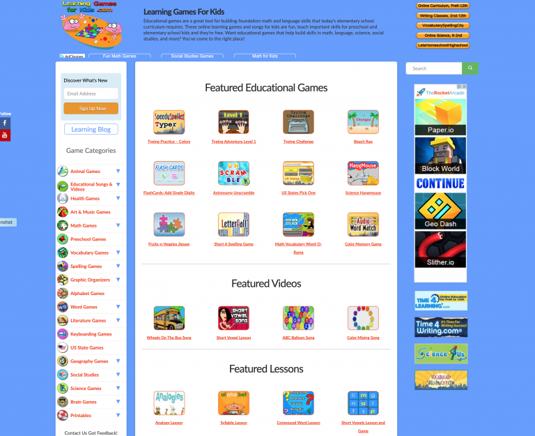 Learning Games for Kids Web Site